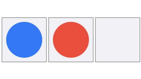 Drei Quadrate nebeneinander. Im linken sieht man ein blaues Plättchen, im mittleren ein rotes. Das rechte Quadrat ist leer.
