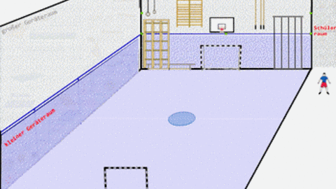 Bild einer leeren Sporthalle mit kleinem und großen Geräteraum auf der linken Seite, zwei Fußballtore an den Hallenenden, an hinterer Hallenwand zusätzlich verschiedene Installationen (z.B. Sprossenwand), rechts daneben Schülerraum mit einem Schüler davor