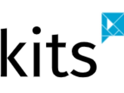 Screenshot Logo kits Das Bild zeigt den Schriftzug Kits - Kompetent in Technik und Sprache und ein Logo, welches aus mehreren geometrischen Figuren besteht und eine Sprechblase darstellt.