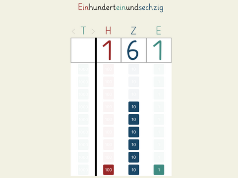 ZahlenundStellenwerte Exemplarischer App Screenshot 1 Hunderter 6 Zehner 1 Einer