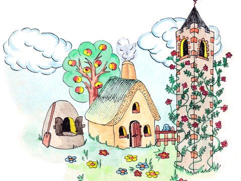 Vorschaubild_Märchenhaft_sportlich Dieses Bild zeigt verschiedene Elemente aus den Märchen der Gebrüder Grimm, beispielsweise den Apfelbaum aus "Frau Holle".