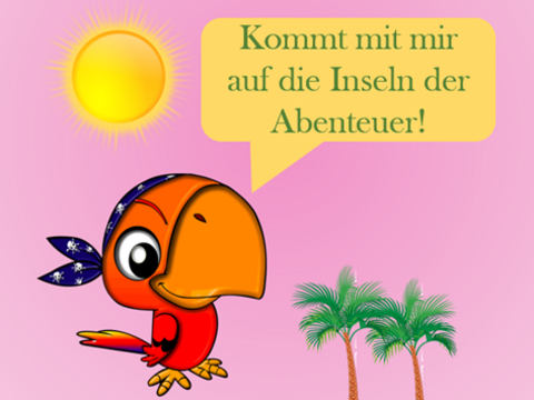 DigiLeG_Vorschaubild_Abenteuer_auf_den_Schatzinseln Auf dem Bild ist ein Papagei zu sehen, welcher bei Sonnenschein und Palmen zum Abenteuer einlädt.