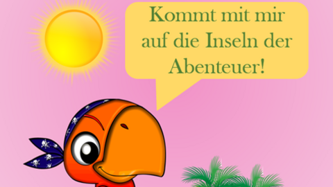 Auf dem Bild ist ein Papagei zu sehen, welcher bei Sonnenschein und Palmen zum Abenteuer einlädt.