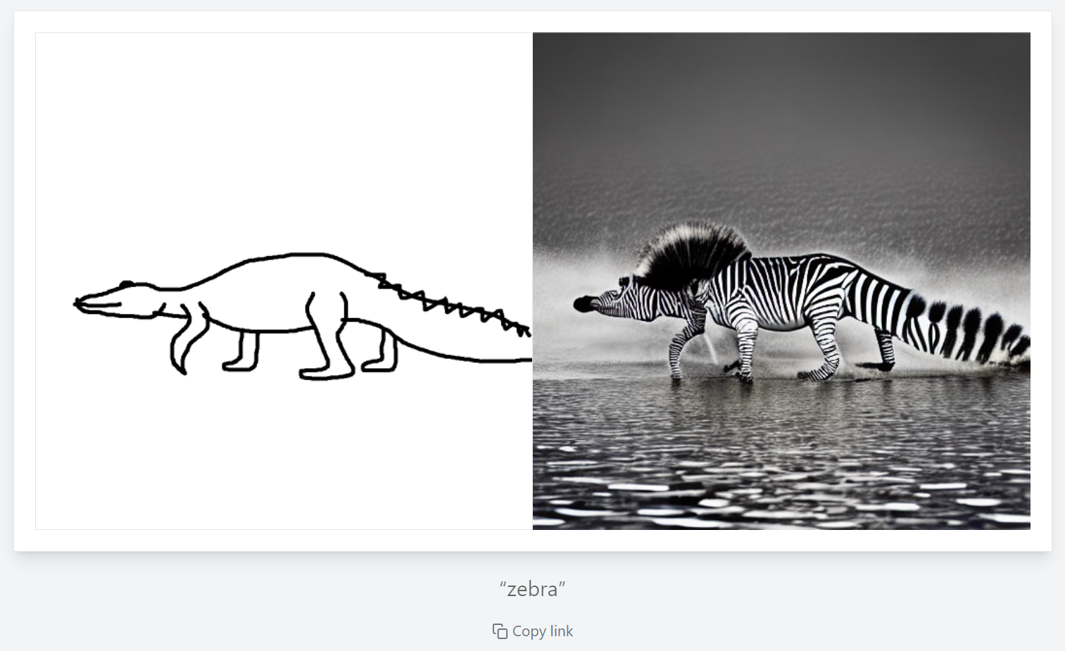 Das Bild ist ein Ergebnis der Arbeit mit Scribble Diffusion. Auf der linken Seite sieht man die Ausgangszeichnung, die ein Krokodil darstellt. Auf der rechten Seite sieht man ein fotoähnliches Bild, auf welchem das Krokodil mit einem Zebra gemischt ist.