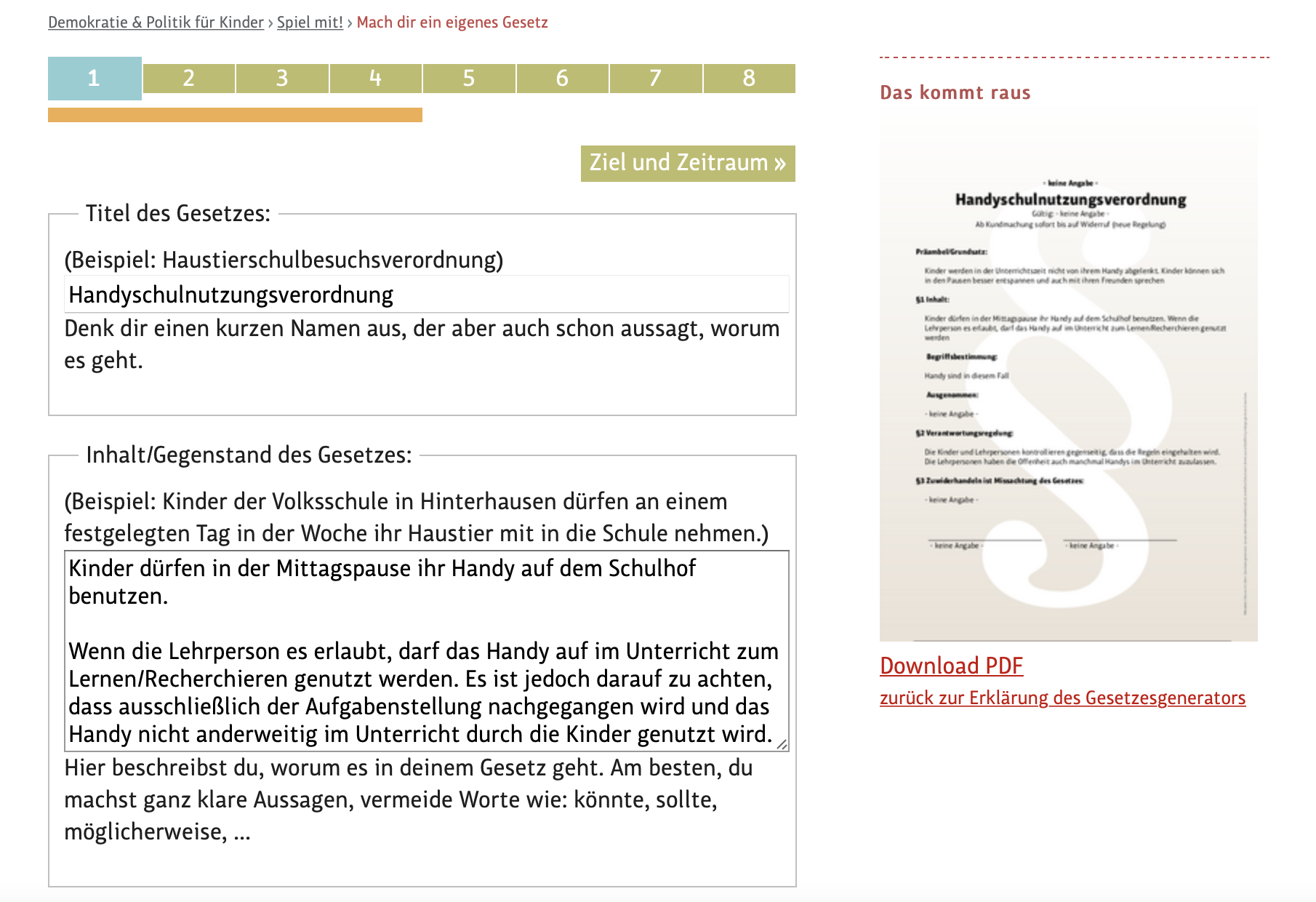 Screenshot der Webanwendung Gesetzesgenerator