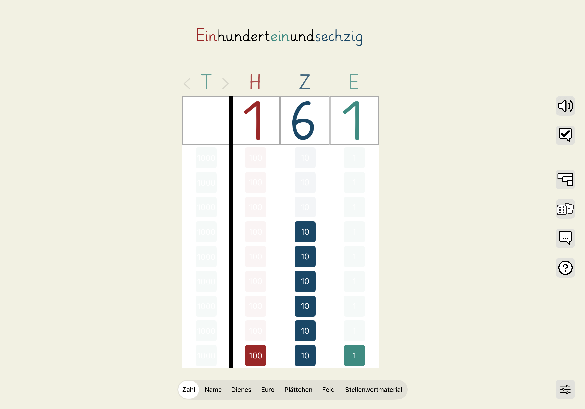 Exemplarischer App Screenshot 1 Hunderter 6 Zehner 1 Einer