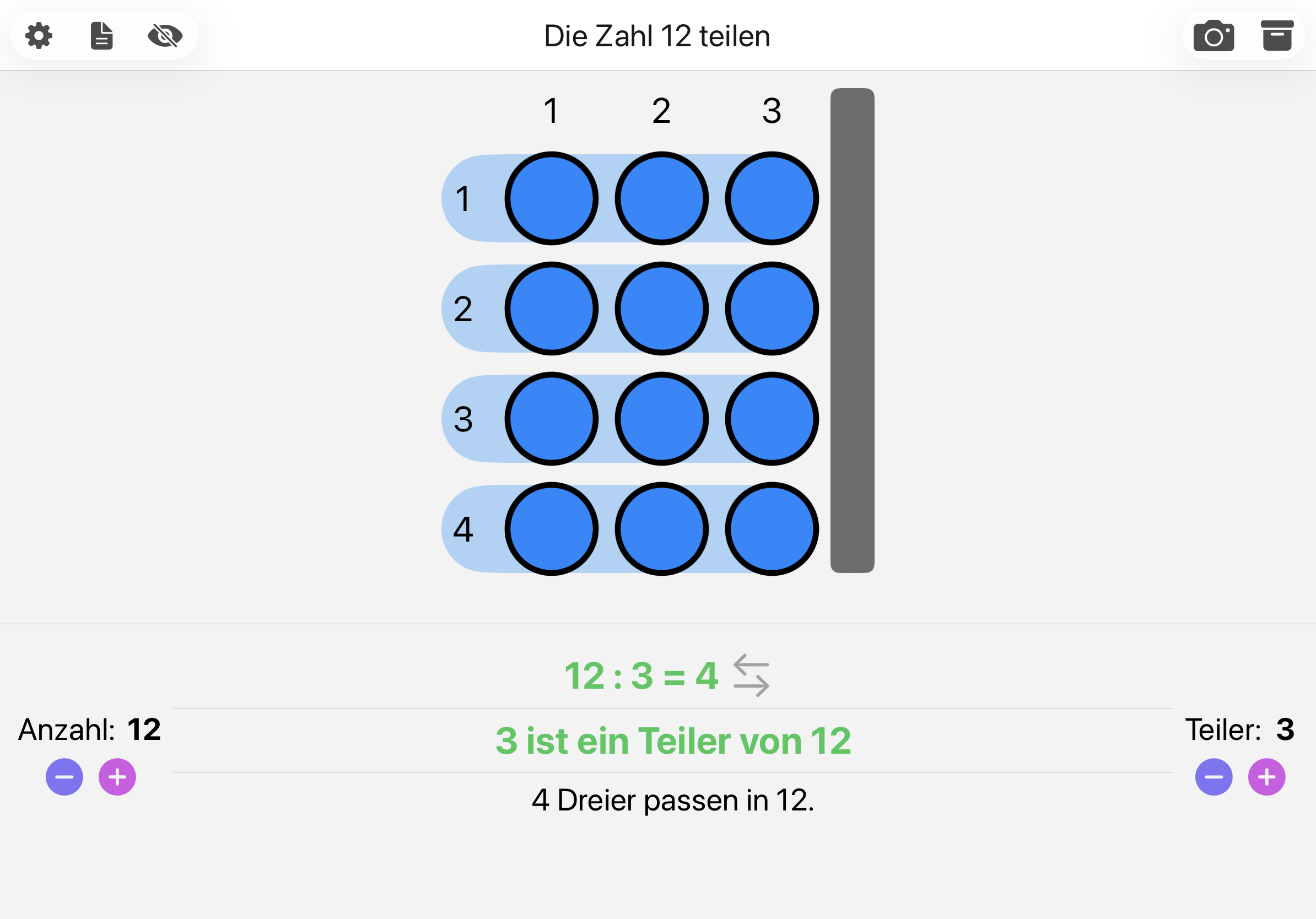 Teilerdarstellung der Zahl 12 und des Teilers 3