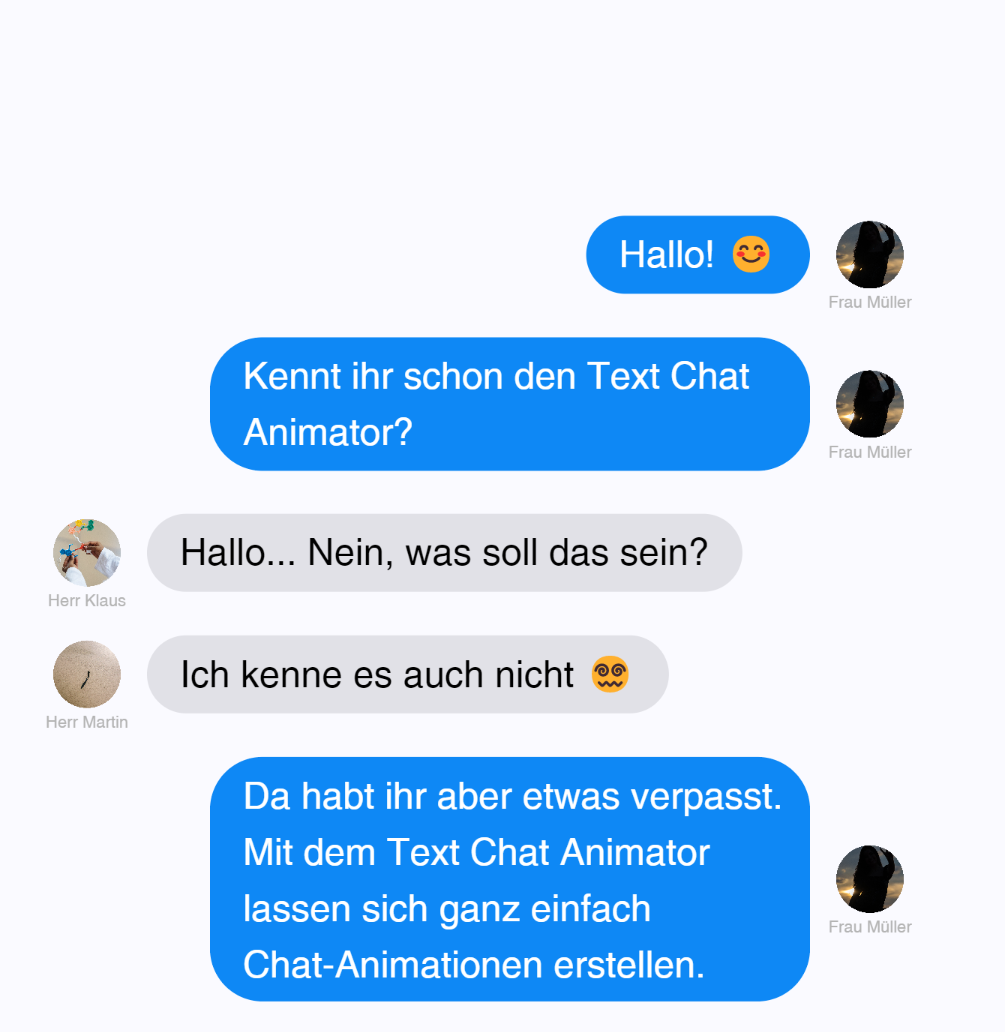 Auf dem Bild befindet sich ein Beispiel einer Fake Text Chat Animation. Dort schreiben drei imaginäre Lehrkräfte miteinander, wobei eine Lehrkraft die beiden anderen fragt, ob sie den Text Chat Animator bereits kennen.